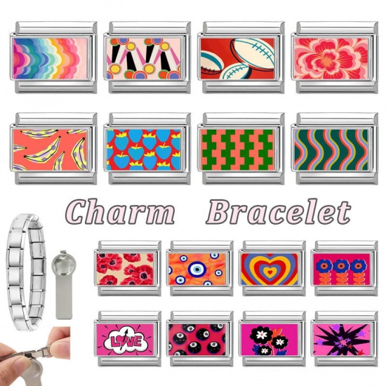 Picture of 1 Piece 304 Stainless Steel Italian Charm Links For DIY Bracelet Jewelry Making Wholesale Silver Tone Black Rectangle No.8 Billiard Pool Ball 10mm x 9mm