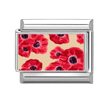 Picture of 1 Piece 304 Stainless Steel Italian Charm Links For DIY Bracelet Jewelry Making Wholesale Silver Tone Red Rectangle Flower 10mm x 9mm