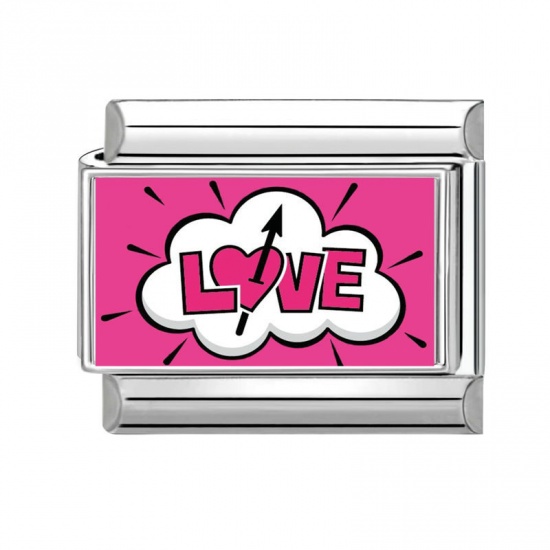 Picture of 1 Piece 304 Stainless Steel Italian Charm Links For DIY Bracelet Jewelry Making Wholesale Silver Tone Fuchsia Rectangle Message " LOVE " 10mm x 9mm