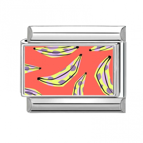 Picture of 1 Piece 304 Stainless Steel Italian Charm Links For DIY Bracelet Jewelry Making Wholesale Silver Tone Orange-red Rectangle Banana Fruit 10mm x 9mm