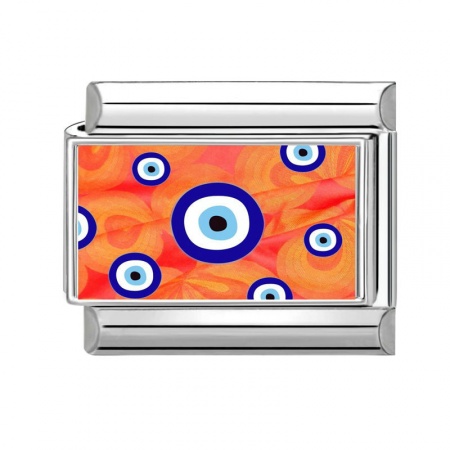 Picture of 1 Piece 304 Stainless Steel Italian Charm Links For DIY Bracelet Jewelry Making Wholesale Silver Tone Orange Rectangle Evil Eye 10mm x 9mm