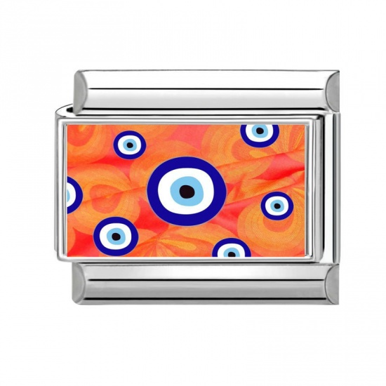 Picture of 1 Piece 304 Stainless Steel Italian Charm Links For DIY Bracelet Jewelry Making Wholesale Silver Tone Orange Rectangle Evil Eye 10mm x 9mm