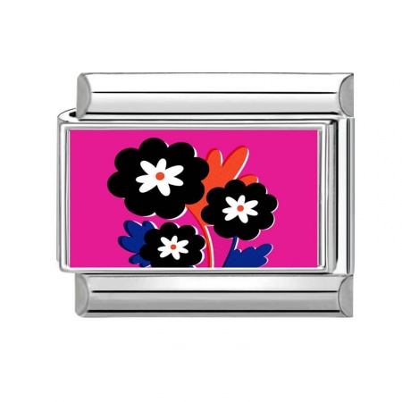 Picture of 1 Piece 304 Stainless Steel Italian Charm Links For DIY Bracelet Jewelry Making Wholesale Silver Tone Fuchsia Rectangle Flower 10mm x 9mm