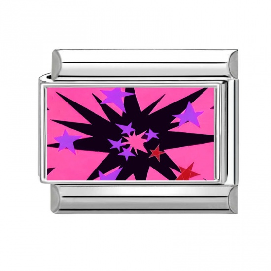 Picture of 1 Piece 304 Stainless Steel Italian Charm Links For DIY Bracelet Jewelry Making Wholesale Silver Tone Fuchsia Rectangle Star 10mm x 9mm