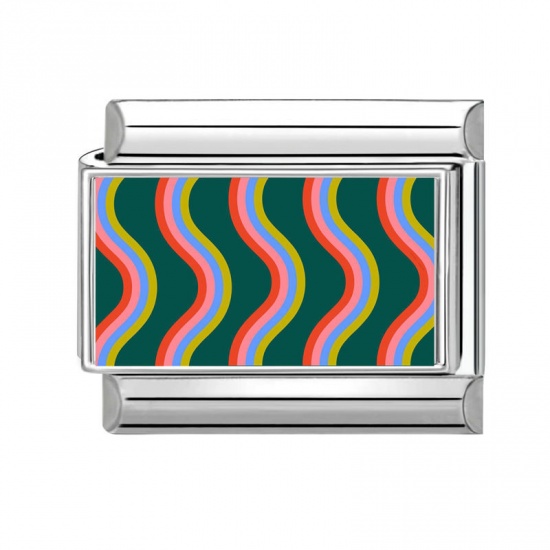Picture of 1 Piece 304 Stainless Steel Italian Charm Links For DIY Bracelet Jewelry Making Wholesale Silver Tone Green Rectangle Ripple 10mm x 9mm