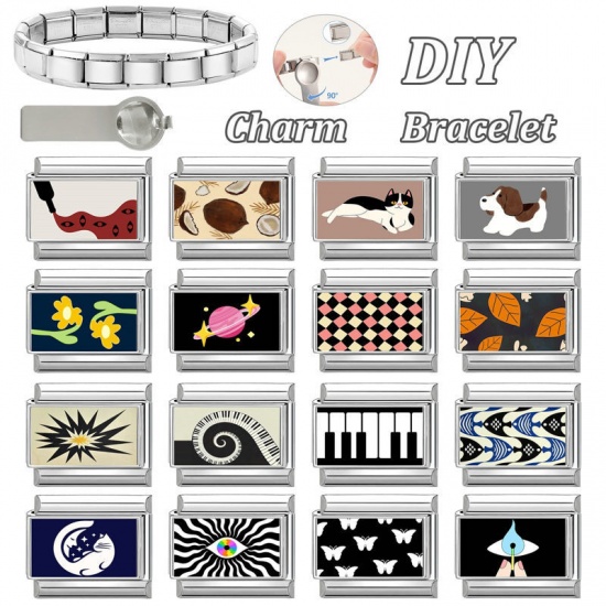 Picture of 1 Piece 304 Stainless Steel Italian Charm Links For DIY Bracelet Jewelry Making Wholesale Silver Tone Dark Blue Rectangle Moon 10mm x 9mm