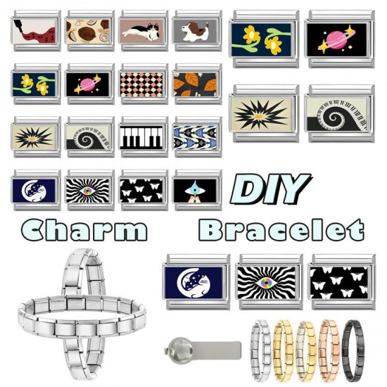 Picture of 1 Piece 304 Stainless Steel Italian Charm Links For DIY Bracelet Jewelry Making Wholesale Silver Tone Dark Blue Rectangle Moon 10mm x 9mm