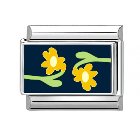 Picture of 1 Piece 304 Stainless Steel Italian Charm Links For DIY Bracelet Jewelry Making Wholesale Silver Tone Yellow Rectangle Flower 10mm x 9mm