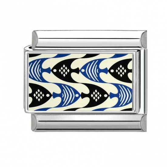 Picture of 1 Piece 304 Stainless Steel Italian Charm Links For DIY Bracelet Jewelry Making Wholesale Silver Tone Blue Rectangle Fish 10mm x 9mm