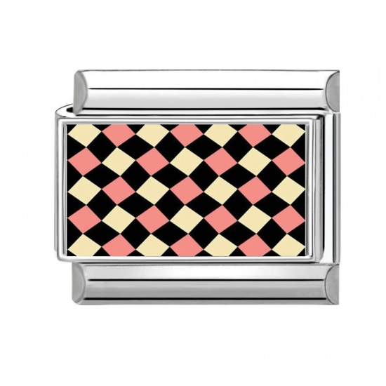 Picture of 1 Piece 304 Stainless Steel Italian Charm Links For DIY Bracelet Jewelry Making Wholesale Silver Tone Pink Rectangle Grid Checker 10mm x 9mm