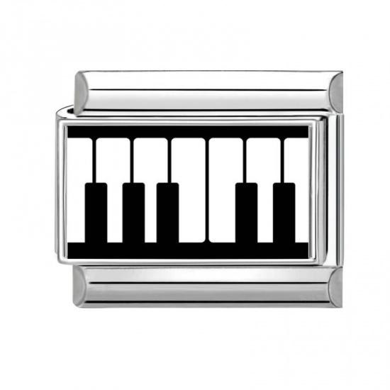 Picture of 1 Piece 304 Stainless Steel Italian Charm Links For DIY Bracelet Jewelry Making Wholesale Silver Tone Black & White Rectangle Piano 10mm x 9mm
