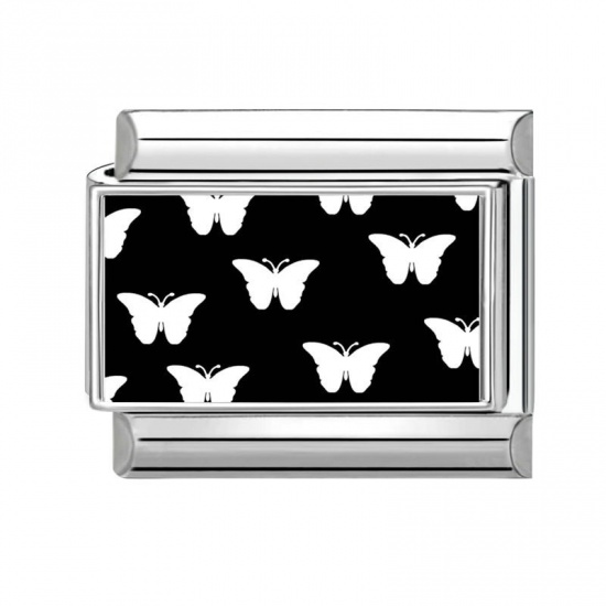 Picture of 1 Piece 304 Stainless Steel Italian Charm Links For DIY Bracelet Jewelry Making Wholesale Silver Tone Black Rectangle Butterfly 10mm x 9mm