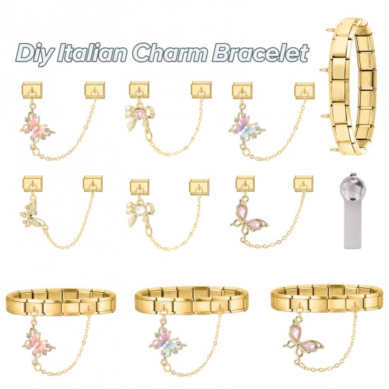 Picture of 1 Piece 304 Stainless Steel Italian Charm Links For DIY Bracelet Jewelry Making Wholesale Gold Plated Rectangle Bowknot Pink Rhinestone 10mm x 9mm