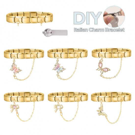 Picture of 1 Piece 304 Stainless Steel Italian Charm Links For DIY Bracelet Jewelry Making Wholesale Gold Plated Rectangle Bowknot Pink Rhinestone 10mm x 9mm