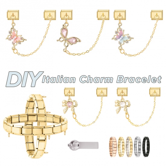 Picture of 1 Piece 304 Stainless Steel Italian Charm Links For DIY Bracelet Jewelry Making Wholesale Gold Plated Rectangle Bowknot Pink Rhinestone 10mm x 9mm