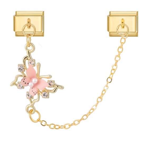 Picture of 1 Piece 304 Stainless Steel Italian Charm Links For DIY Bracelet Jewelry Making Wholesale Gold Plated Pink Rectangle Butterfly Imitation Pearl 10mm x 9mm