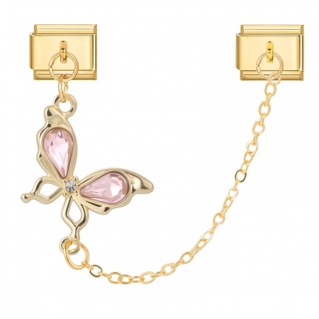 Picture of 1 Piece 304 Stainless Steel Italian Charm Links For DIY Bracelet Jewelry Making Wholesale Gold Plated Rectangle Butterfly Pink Rhinestone 10mm x 9mm