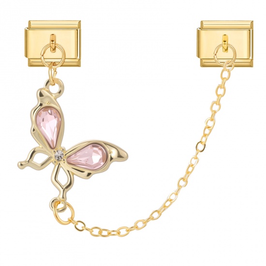 Picture of 1 Piece 304 Stainless Steel Italian Charm Links For DIY Bracelet Jewelry Making Wholesale Gold Plated Rectangle Butterfly Pink Rhinestone 10mm x 9mm