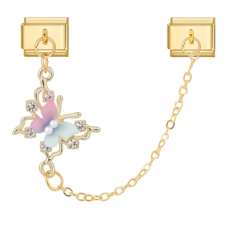 Picture of 1 Piece 304 Stainless Steel Italian Charm Links For DIY Bracelet Jewelry Making Wholesale Gold Plated Blue & Pink Rectangle Butterfly Imitation Pearl 10mm x 9mm