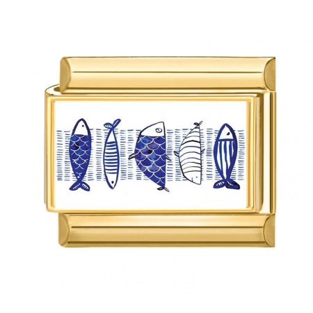 Picture of 1 Piece 304 Stainless Steel Ocean Jewelry Italian Charm Links For DIY Bracelet Jewelry Making Wholesale Gold Plated Blue Rectangle Fish 10mm x 9mm