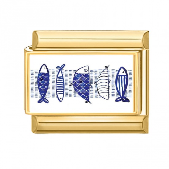 Immagine di 1 Pz 304 Acciaio Inossidabile Gioielli Oceanici Bracciale con Charm Italiano a Maglie, Creazione di Gioielli Fai-da-te All'Ingrosso Oro Placcato Blu Rettangolo Pesce 10mm x 9mm