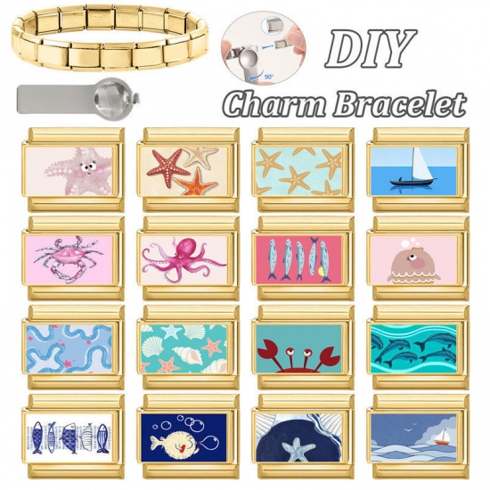 Immagine di 1 Pz 304 Acciaio Inossidabile Gioielli Oceanici Bracciale con Charm Italiano a Maglie, Creazione di Gioielli Fai-da-te All'Ingrosso Oro Placcato Blu Rettangolo Pesce 10mm x 9mm