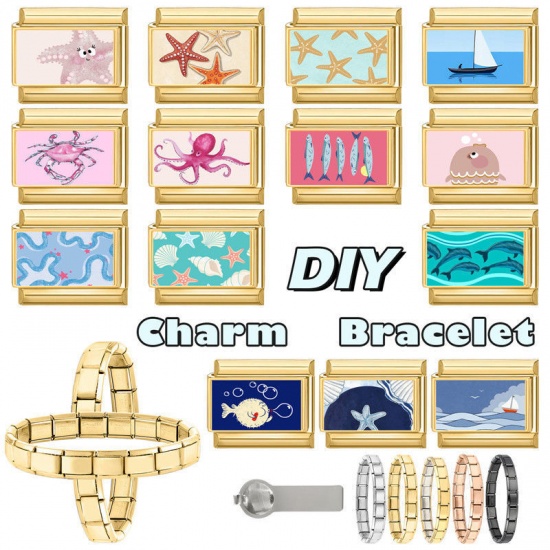 Immagine di 1 Pz 304 Acciaio Inossidabile Gioielli Oceanici Bracciale con Charm Italiano a Maglie, Creazione di Gioielli Fai-da-te All'Ingrosso Oro Placcato Blu Rettangolo Pesce 10mm x 9mm