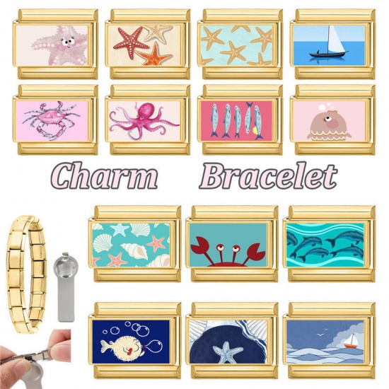 Immagine di 1 Pz 304 Acciaio Inossidabile Gioielli Oceanici Bracciale con Charm Italiano a Maglie, Creazione di Gioielli Fai-da-te All'Ingrosso Oro Placcato Blu Rettangolo Pesce 10mm x 9mm