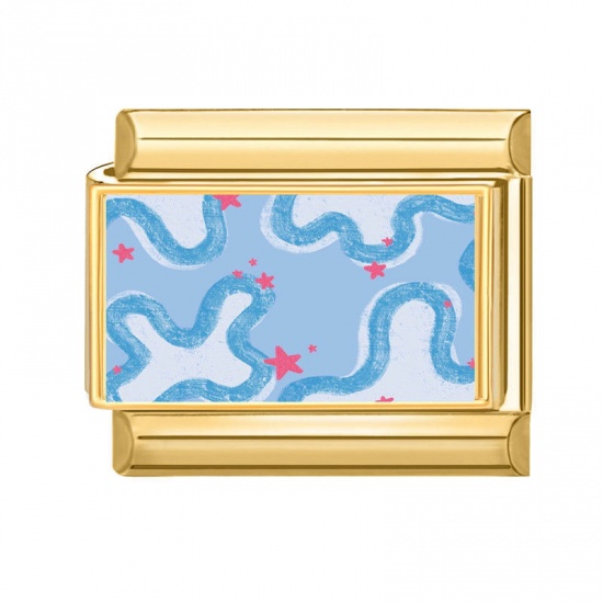 Immagine di 1 Pz 304 Acciaio Inossidabile Gioielli Oceanici Bracciale con Charm Italiano a Maglie, Creazione di Gioielli Fai-da-te All'Ingrosso Oro Placcato Blu Rettangolo Stella Marina 10mm x 9mm