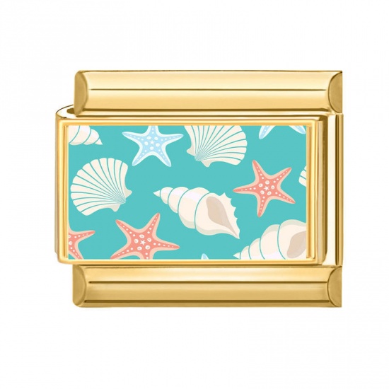 Immagine di 1 Pz 304 Acciaio Inossidabile Gioielli Oceanici Bracciale con Charm Italiano a Maglie, Creazione di Gioielli Fai-da-te All'Ingrosso Oro Placcato Verde Blu Rettangolo Conchiglia 10mm x 9mm