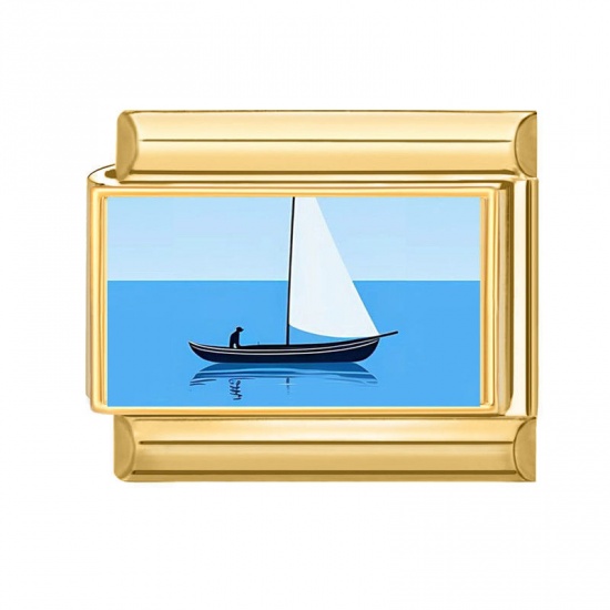 Immagine di 1 Pz 304 Acciaio Inossidabile Gioielli Oceanici Bracciale con Charm Italiano a Maglie, Creazione di Gioielli Fai-da-te All'Ingrosso Oro Placcato Blu Rettangolo Barca a Vela 10mm x 9mm
