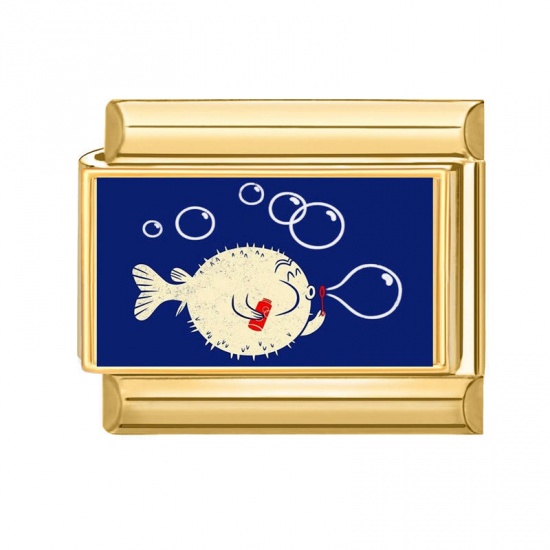 Immagine di 1 Pz 304 Acciaio Inossidabile Gioielli Oceanici Bracciale con Charm Italiano a Maglie, Creazione di Gioielli Fai-da-te All'Ingrosso Oro Placcato Blu Scuro Rettangolo Pesce Palla 10mm x 9mm