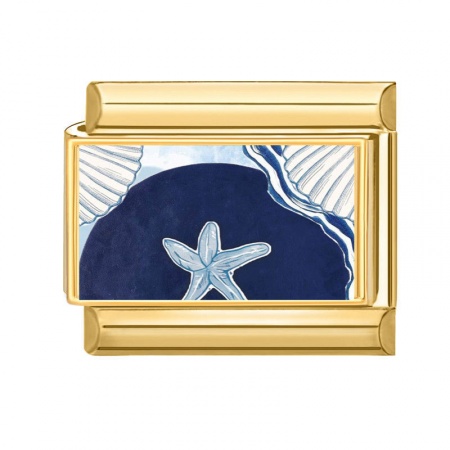 Picture of 1 Piece 304 Stainless Steel Ocean Jewelry Italian Charm Links For DIY Bracelet Jewelry Making Wholesale Gold Plated Dark Blue Rectangle Star Fish 10mm x 9mm
