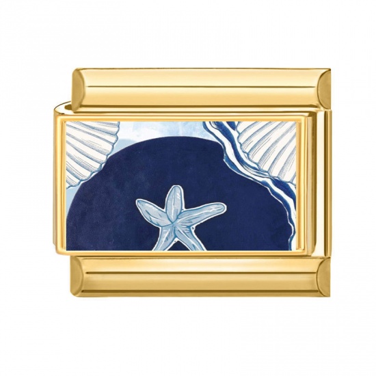 Immagine di 1 Pz 304 Acciaio Inossidabile Gioielli Oceanici Bracciale con Charm Italiano a Maglie, Creazione di Gioielli Fai-da-te All'Ingrosso Oro Placcato Blu Scuro Rettangolo Stella Marina 10mm x 9mm