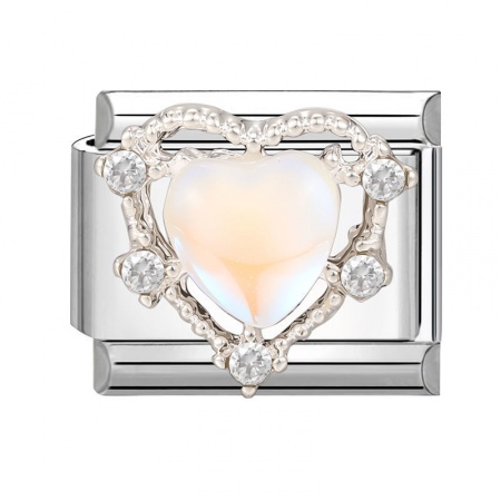 Picture of 1 Piece 304 Stainless Steel Valentine's Day Italian Charm Links For DIY Modular Bracelet Watch Jewelry Making Wholesale Silver Tone Rectangle Heart Clear Rhinestone 10mm x 9mm