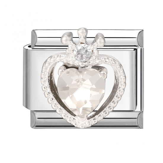 Picture of 1 Piece 304 Stainless Steel Valentine's Day Italian Charm Links For DIY Modular Bracelet Watch Jewelry Making Wholesale Silver Tone Rectangle Heart Clear Rhinestone 10mm x 9mm