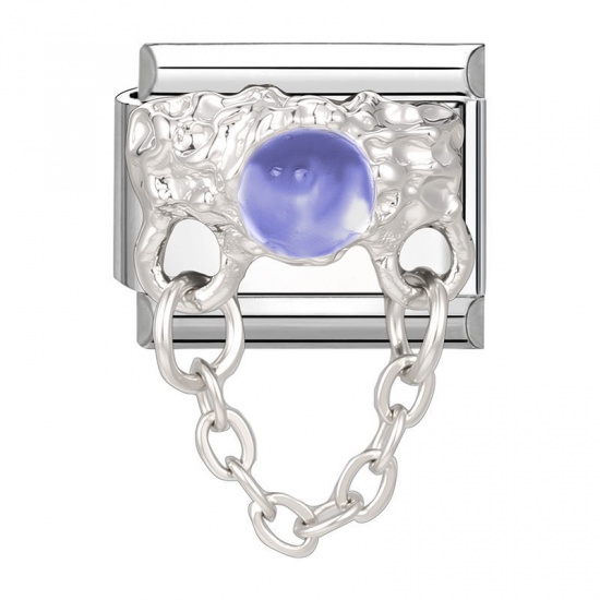 Picture of 1 Piece 304 Stainless Steel Italian Charm Links For DIY Bracelet Jewelry Making Wholesale Silver Tone Rectangle Purple Rhinestone 10mm x 9mm