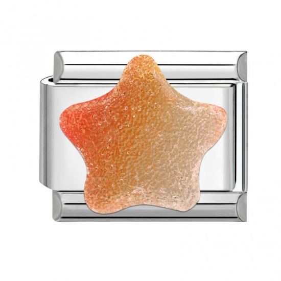 Picture of 1 Piece 304 Stainless Steel Italian Charm Links For DIY Bracelet Jewelry Making Wholesale Silver Tone Orange Rectangle Pentagram Star 10mm x 9mm
