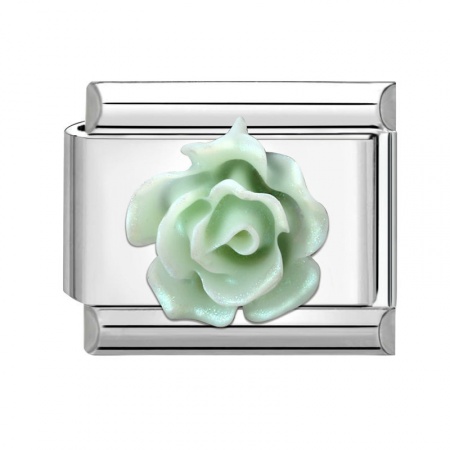 Picture of 1 Piece 304 Stainless Steel Italian Charm Links For DIY Bracelet Jewelry Making Wholesale Silver Tone Green Rectangle Flower 10mm x 9mm