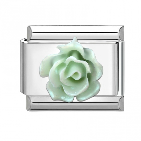 Picture of 1 Piece 304 Stainless Steel Italian Charm Links For DIY Bracelet Jewelry Making Wholesale Silver Tone Green Rectangle Flower 10mm x 9mm