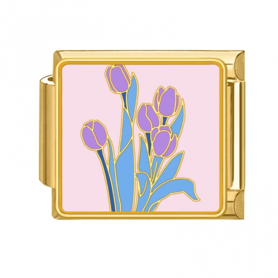 Picture of 1 Piece 304 Stainless Steel Oil Painting Style Italian Charm Links For DIY Bracelet Jewelry Making Wholesale Gold Plated Purple Rectangle Tulip Flower Enamel 10mm x 9mm