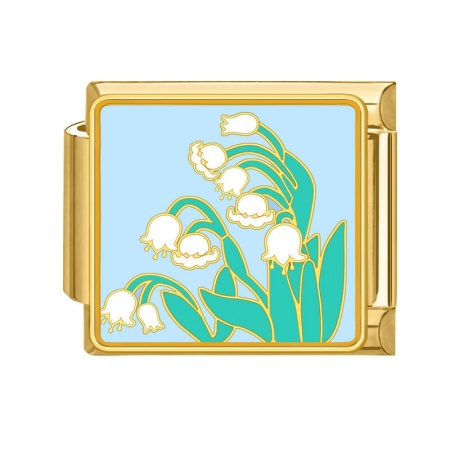 Picture of 1 Piece 304 Stainless Steel Oil Painting Style Italian Charm Links For DIY Bracelet Jewelry Making Wholesale Gold Plated White Rectangle Lily Of The Valley Flower Enamel 10mm x 9mm