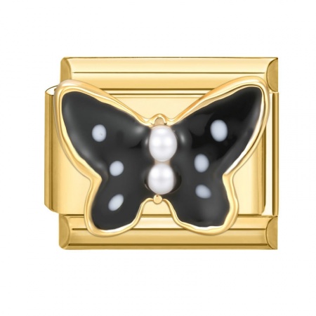 Picture of 1 Piece 304 Stainless Steel Italian Charm Links For DIY Bracelet Jewelry Making Wholesale Gold Plated Black Enamel Rectangle Butterfly 10mm x 9mm