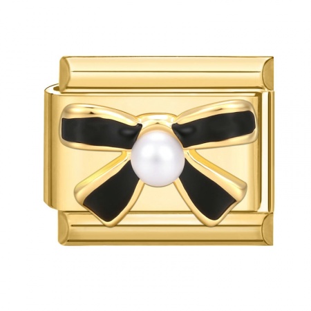 Picture of 1 Piece 304 Stainless Steel Italian Charm Links For DIY Bracelet Jewelry Making Wholesale Gold Plated Black Enamel Rectangle Bowknot 10mm x 9mm