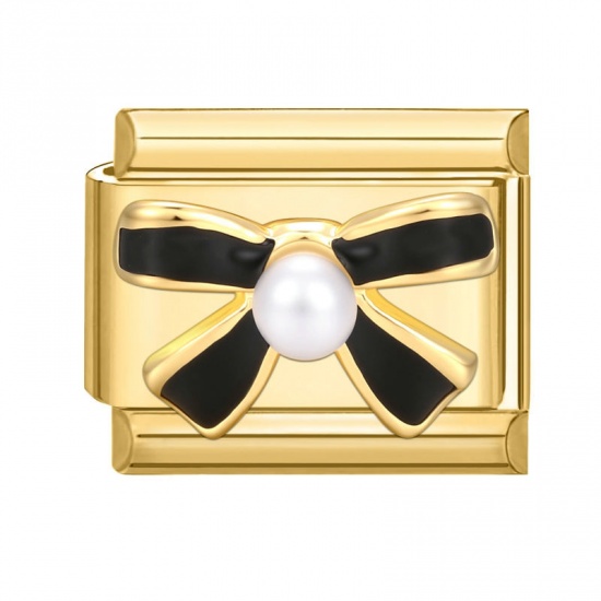 Picture of 1 Piece 304 Stainless Steel Italian Charm Links For DIY Bracelet Jewelry Making Wholesale Gold Plated Black Enamel Rectangle Bowknot 10mm x 9mm