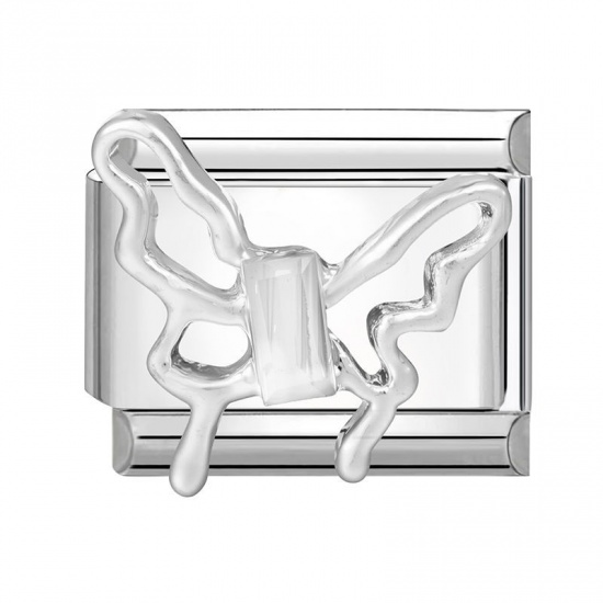 Picture of 1 Piece 304 Stainless Steel Insect Italian Charm Links For DIY Modular Bracelet Watch Jewelry Making Wholesale Silver Tone Rectangle Butterfly 10mm x 9mm