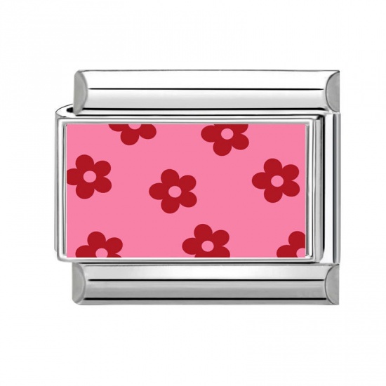 Picture of 1 Piece 304 Stainless Steel Italian Charm Links For DIY Bracelet Jewelry Making Wholesale Silver Tone Red Rectangle Flower 10mm x 9mm