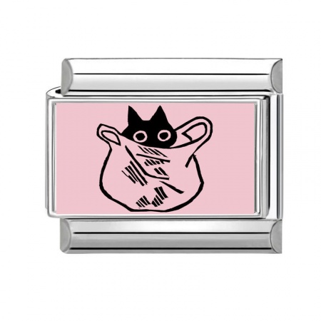 Picture of 1 Piece 304 Stainless Steel Italian Charm Links For DIY Bracelet Jewelry Making Wholesale Silver Tone Pink Rectangle Cat 10mm x 9mm