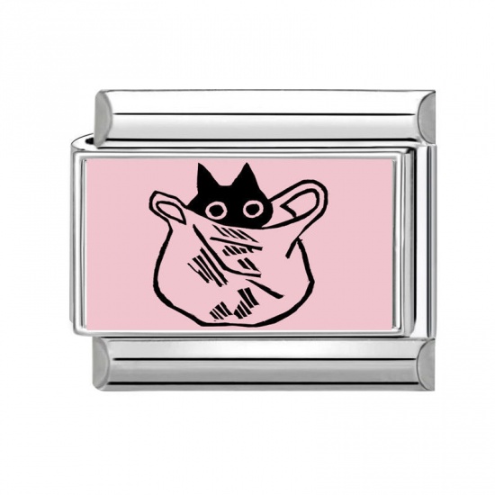 Picture of 1 Piece 304 Stainless Steel Italian Charm Links For DIY Bracelet Jewelry Making Wholesale Silver Tone Pink Rectangle Cat 10mm x 9mm