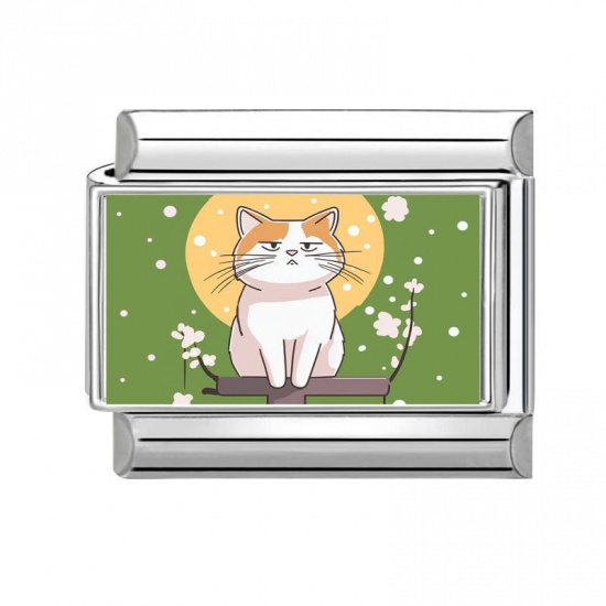 Picture of 1 Piece 304 Stainless Steel Italian Charm Links For DIY Bracelet Jewelry Making Wholesale Silver Tone Multicolor Rectangle Cat 10mm x 9mm